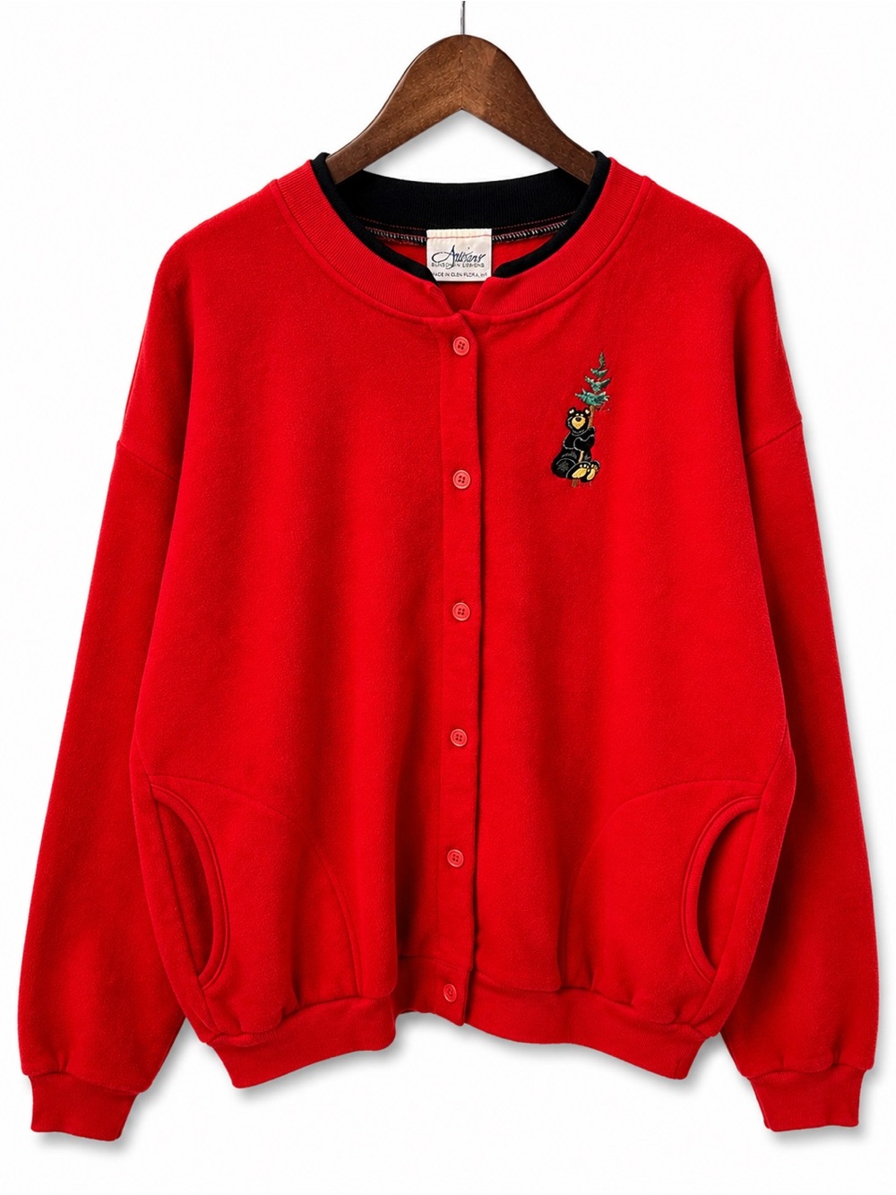 Grandma Red Fleece Cardigan Sweatshirt  Embroidered Vintage Made in USA